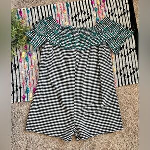 Loft Beach Black White Gingham Green Embroidery Ruffle Off Shoulder Romper Sz S